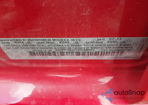 2012 Volkswagen Jetta Sportwagen 2.5L S z USA, uszkodzony, nr VIN 3VWPP7AJ1CM608991